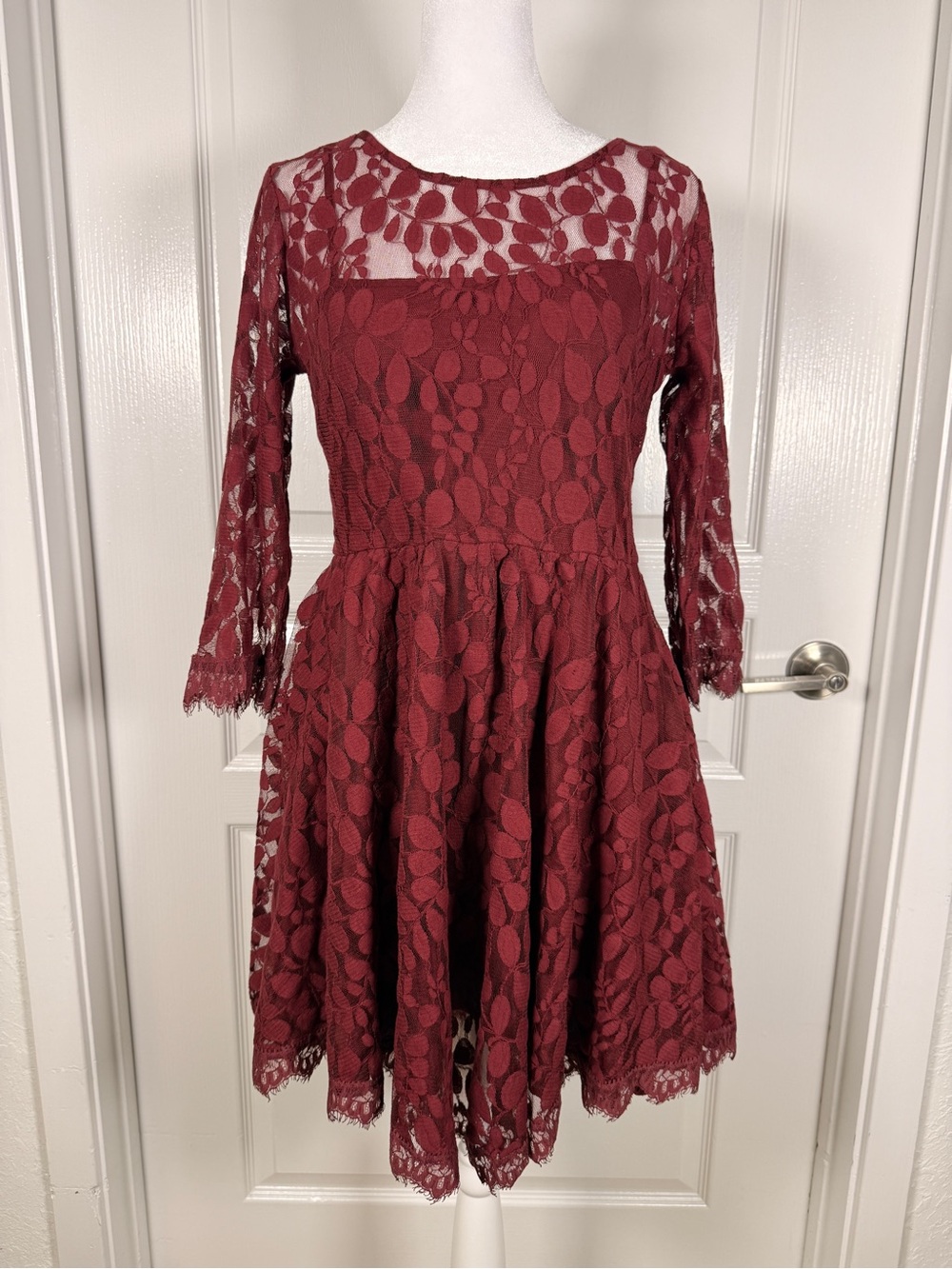 Free People Burgundy Lace Fit & Flare Dress with Sheer Sleeves